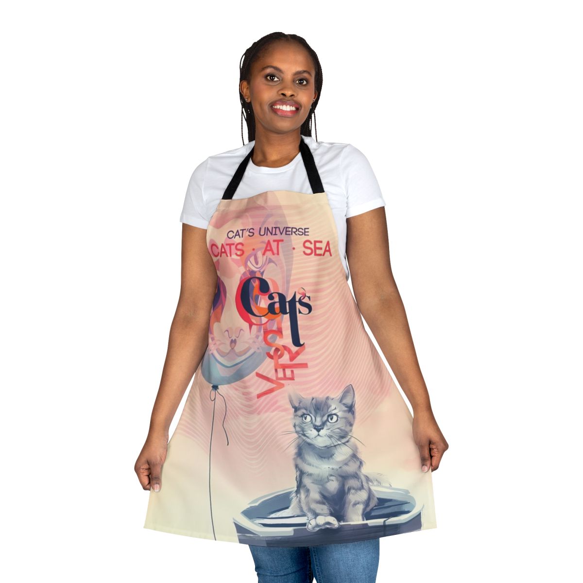 Whimsical apron featuring a hand-drawn cat in a fantasy universe with a boat at sea