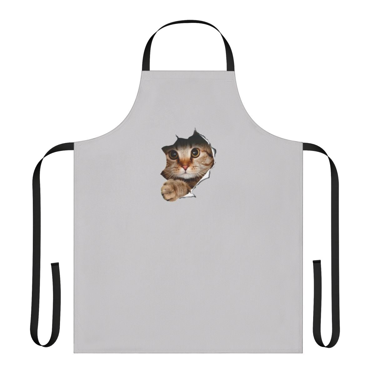 Whimsical apron with a mischievous cat peeking out from a ripped or torn paper/wall design