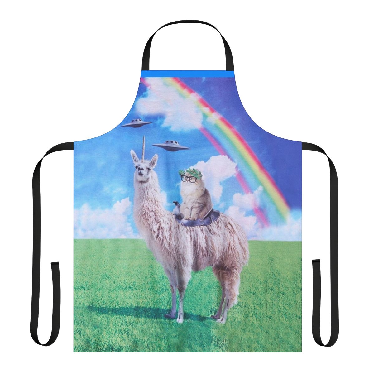 A whimsical apron featuring a cat riding a llama unicorn in a space-themed, rainbow-filled scene.