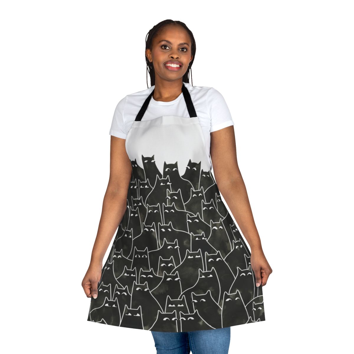 Whimsical cats apron with a watercolor pattern, perfect for cat lovers