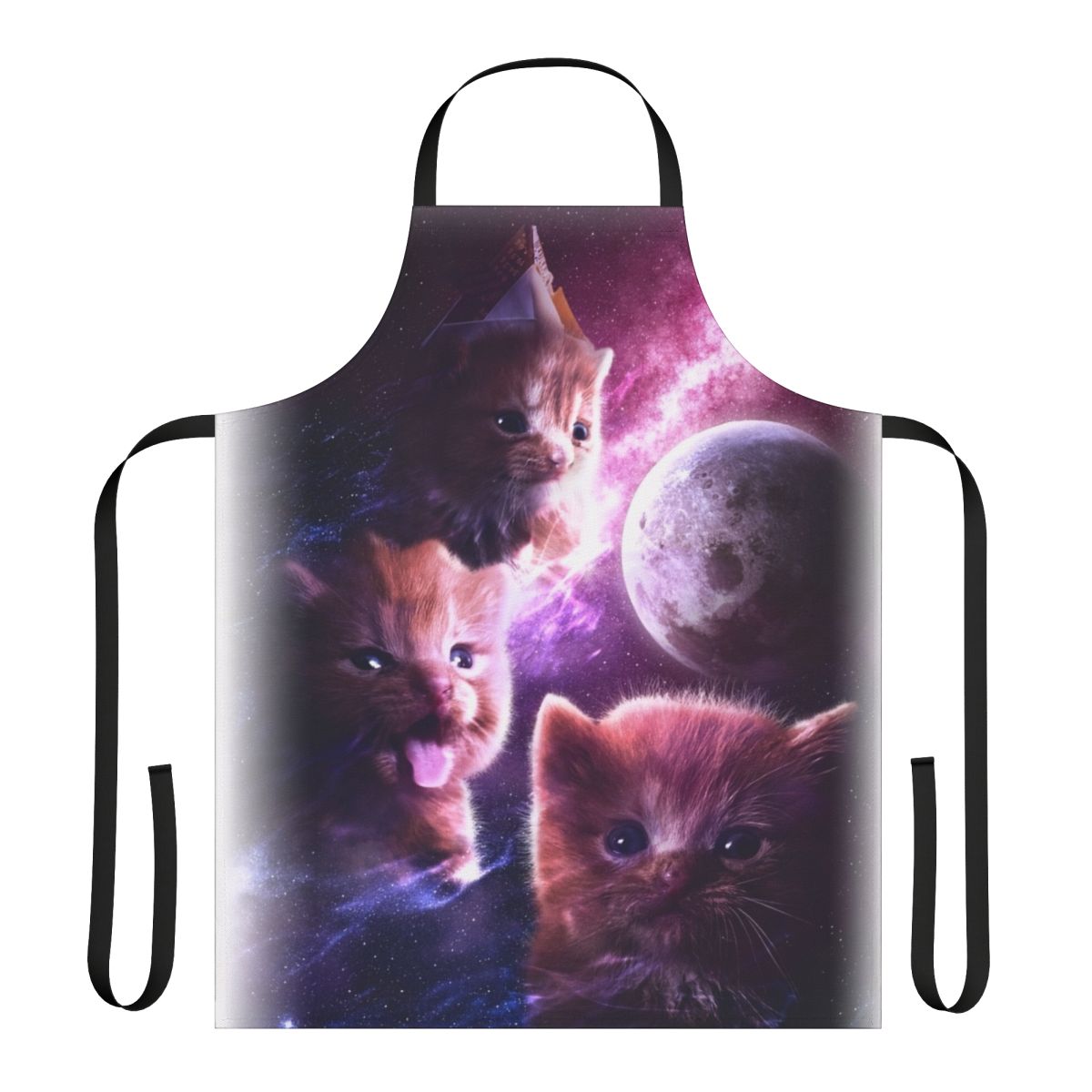 Whimsical apron featuring a cute, fluffy orange kitten against a moon-lit background