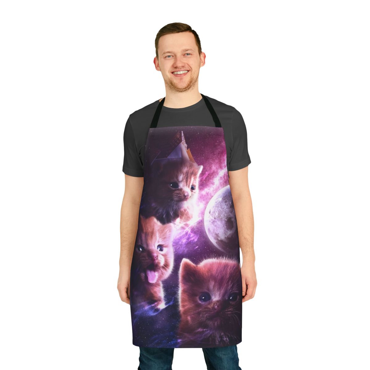 Whimsical apron featuring a cute, fluffy orange kitten against a moon-lit background