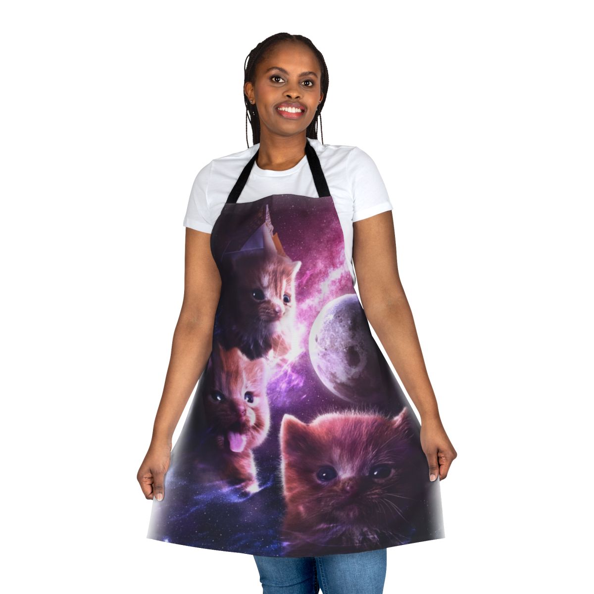 Whimsical apron featuring a cute, fluffy orange kitten against a moon-lit background