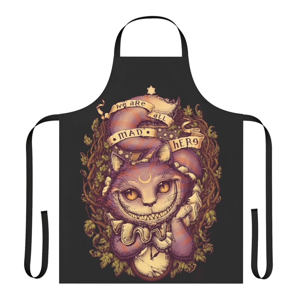 Whimsical apron featuring the Cheshire Cat, a classic character from Alice in Wonderland