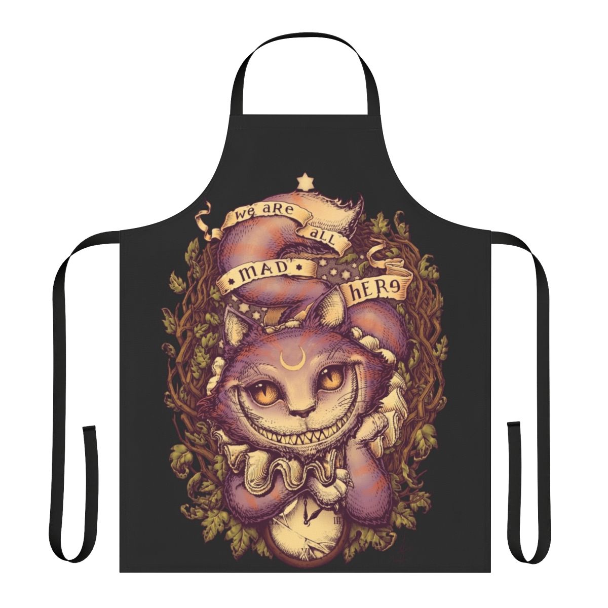 Whimsical apron featuring the Cheshire Cat, a classic character from Alice in Wonderland