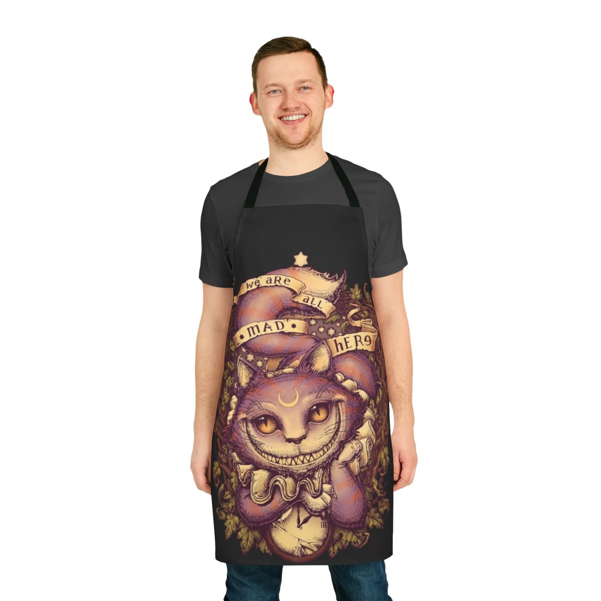 Whimsical apron featuring the Cheshire Cat, a classic character from Alice in Wonderland