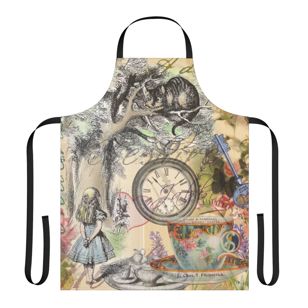 Cheshire Cat inspired apron with vintage collage design, perfect for Alice in Wonderland fans