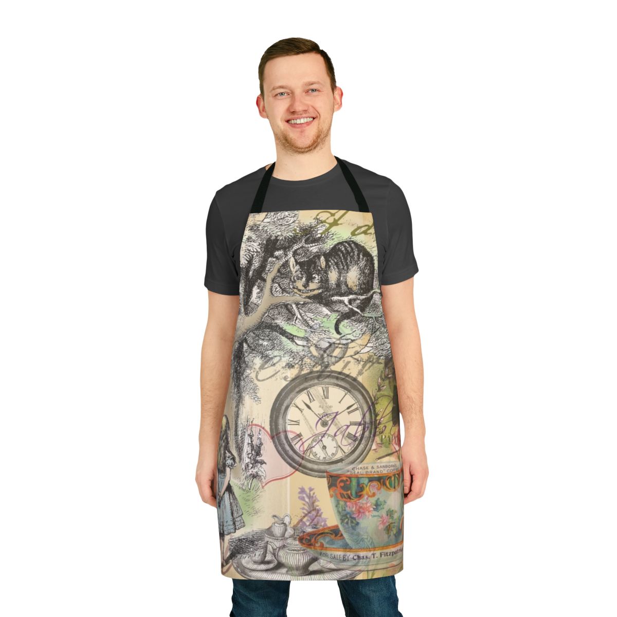 Cheshire Cat inspired apron with vintage collage design, perfect for Alice in Wonderland fans