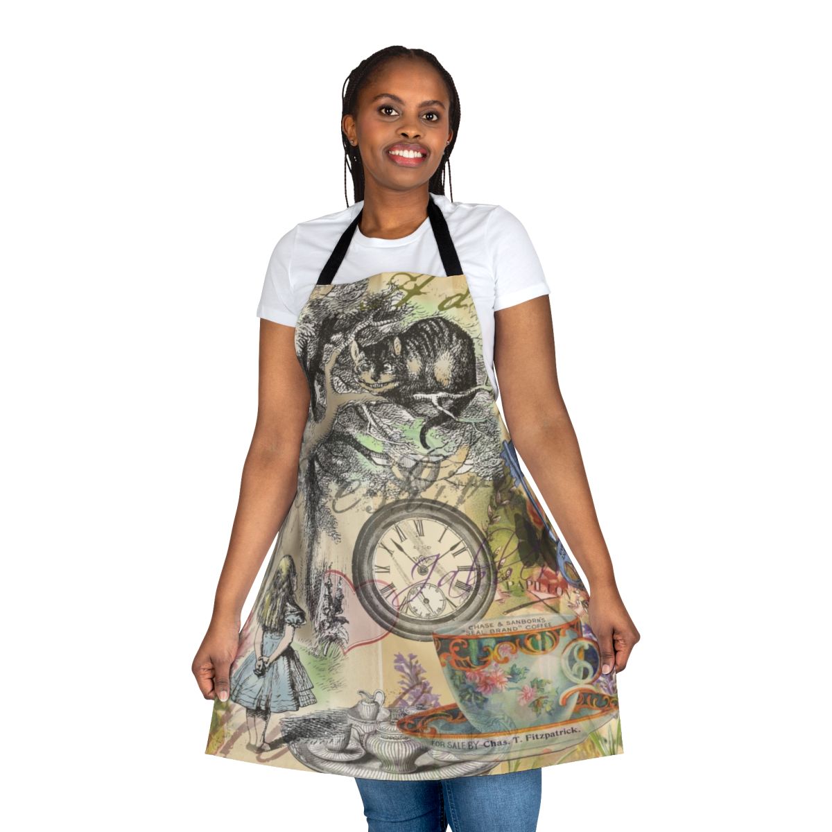 Cheshire Cat inspired apron with vintage collage design, perfect for Alice in Wonderland fans