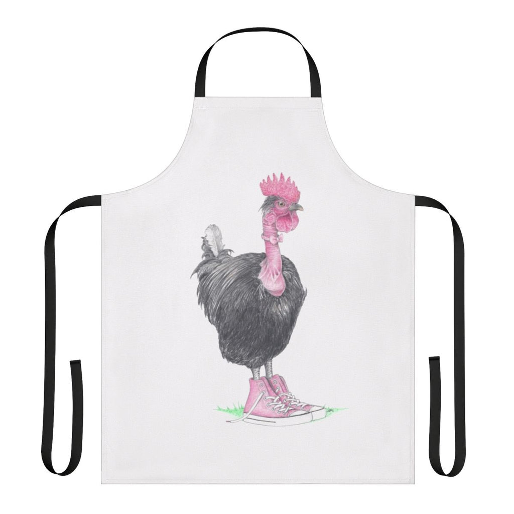 Whimsical chicken apron featuring a bird wearing high top sneakers