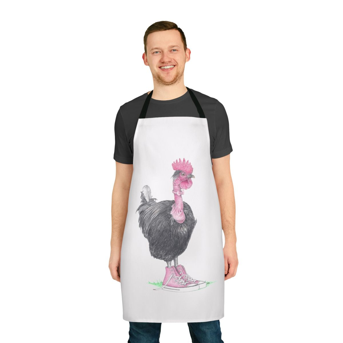 Whimsical chicken apron featuring a bird wearing high top sneakers