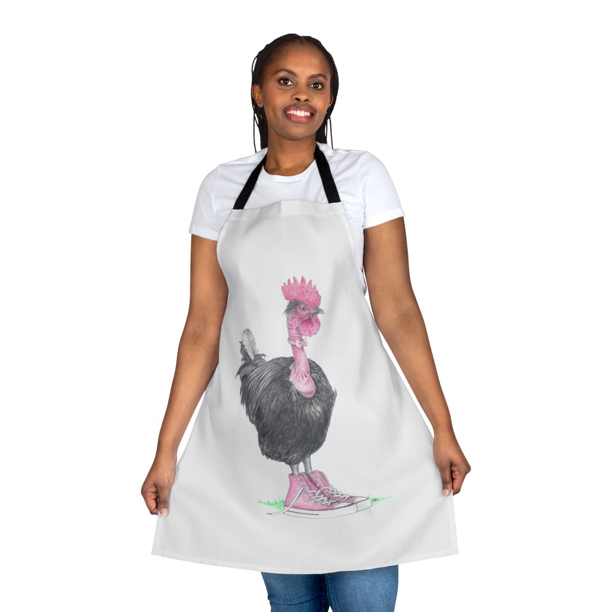 Whimsical chicken apron featuring a bird wearing high top sneakers