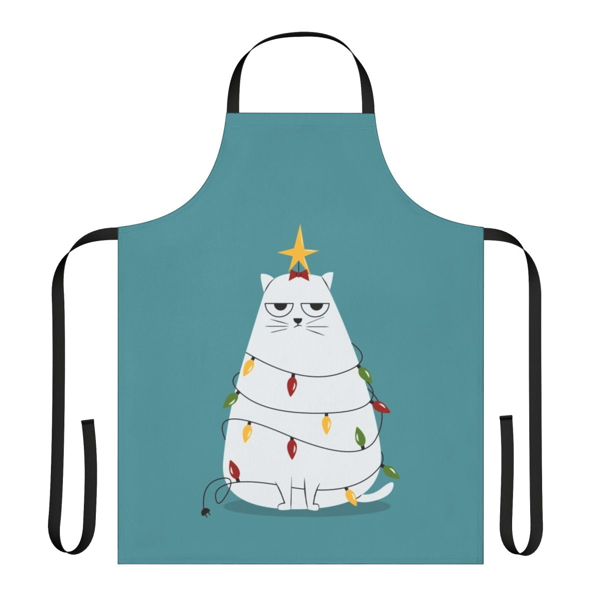 A whimsical Christmas-themed apron featuring a playful, cartoon-style cat design