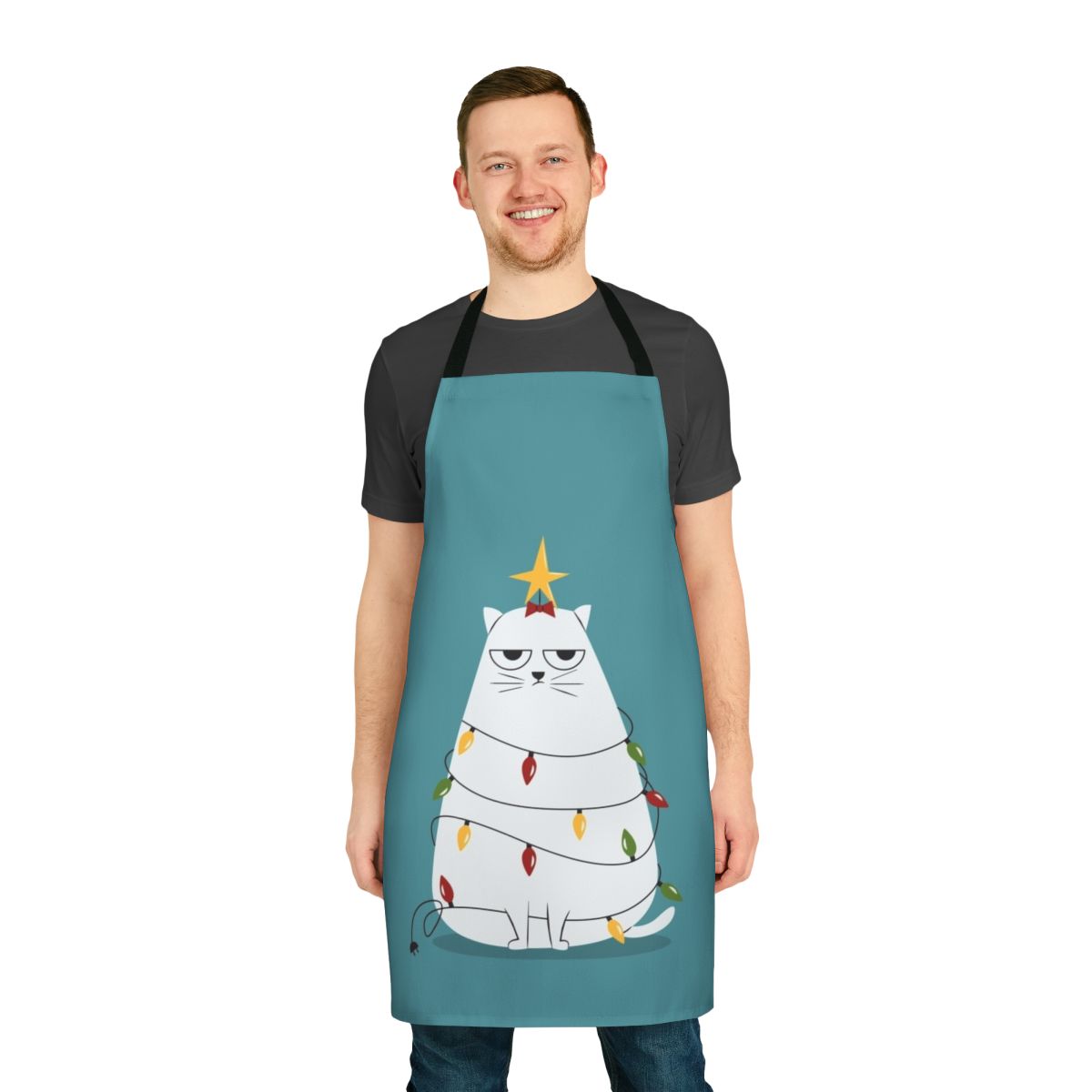 A whimsical Christmas-themed apron featuring a playful, cartoon-style cat design