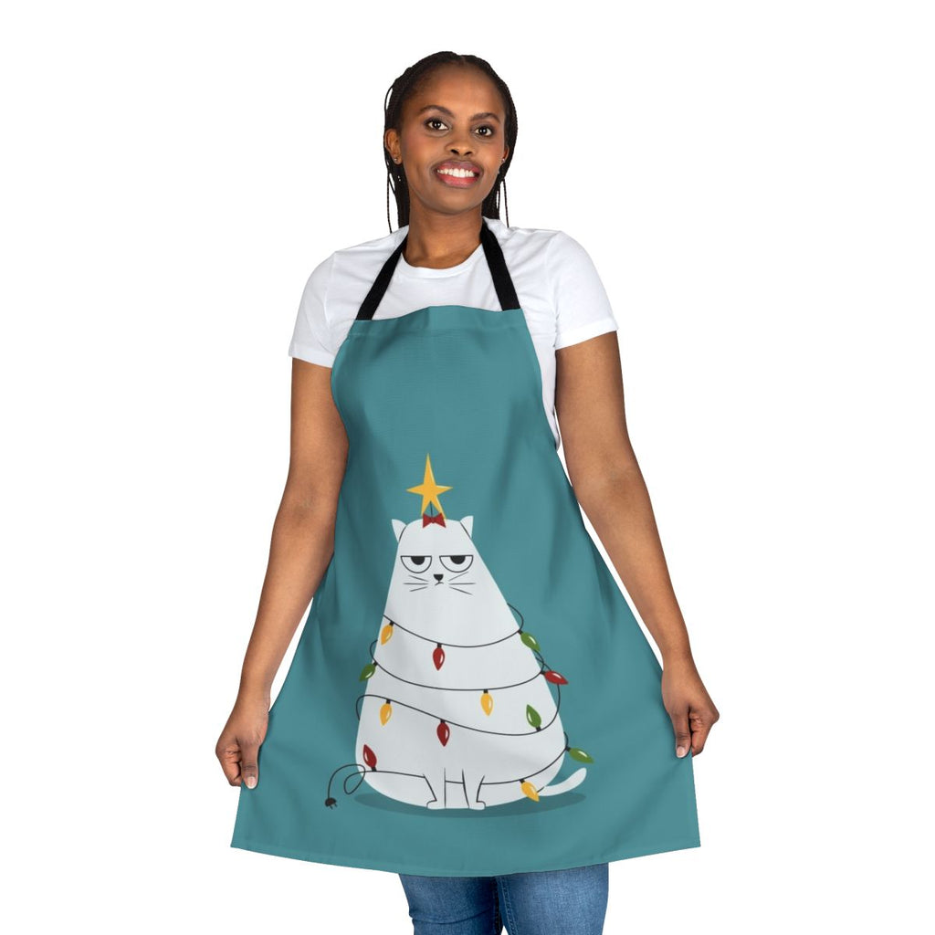 A whimsical Christmas-themed apron featuring a playful, cartoon-style cat design