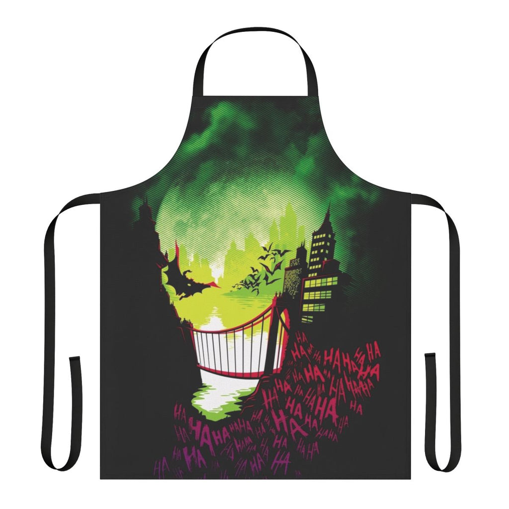 A whimsical apron featuring the iconic City of Smiles design, perfect for fans of comic book villains and superheroes.