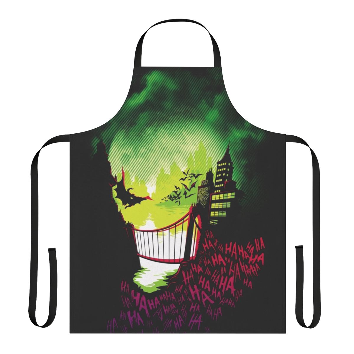 A whimsical apron featuring the iconic City of Smiles design, perfect for fans of comic book villains and superheroes.