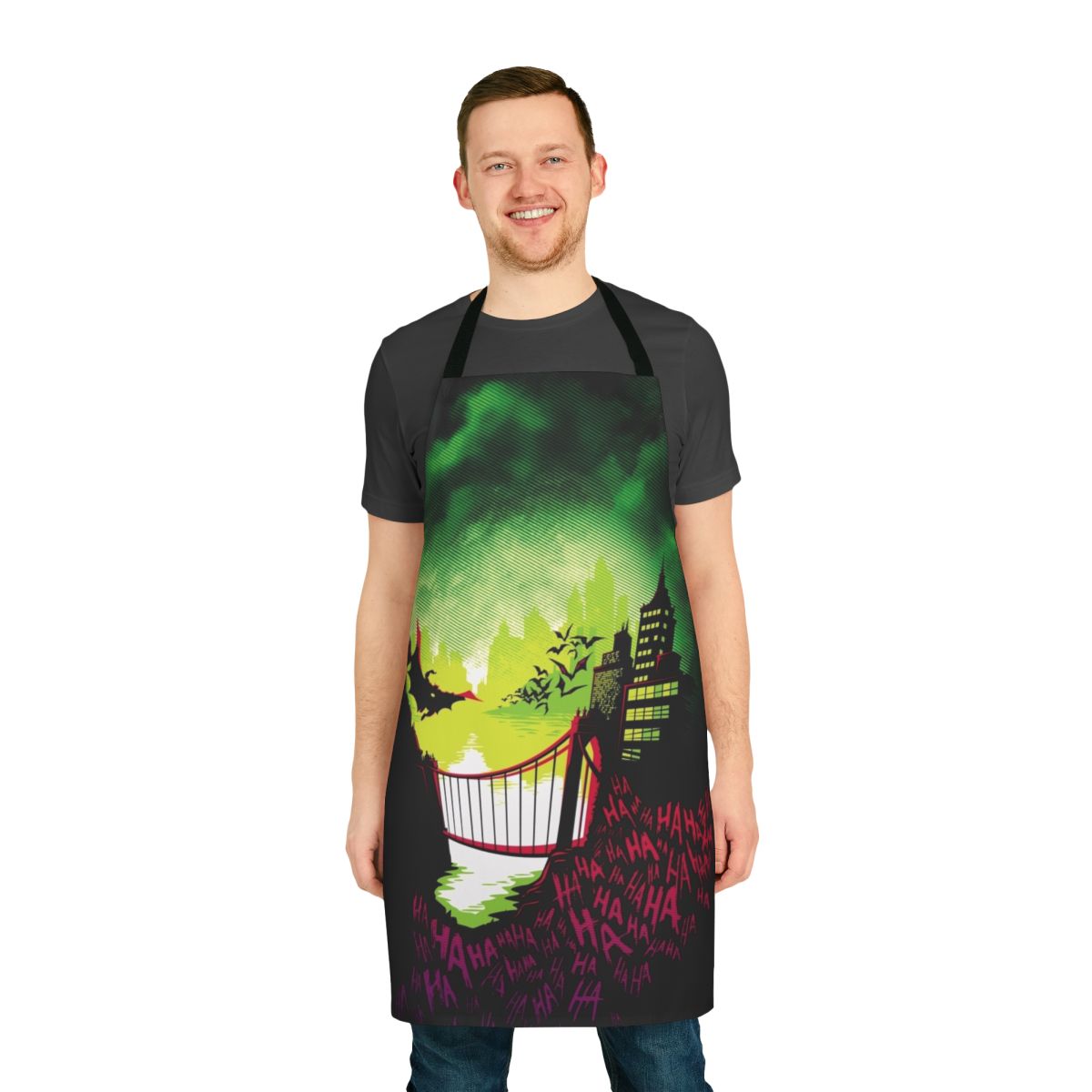 A whimsical apron featuring the iconic City of Smiles design, perfect for fans of comic book villains and superheroes.