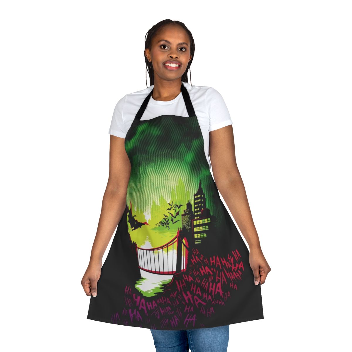 A whimsical apron featuring the iconic City of Smiles design, perfect for fans of comic book villains and superheroes.