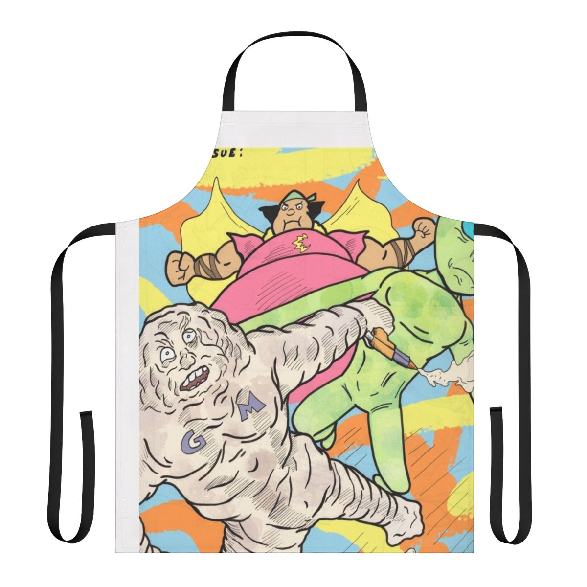 Pastel comic book style apron featuring Cloudman, Glueman, and a moon alien character illustration.