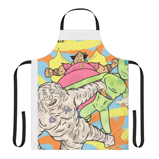 Pastel comic book style apron featuring Cloudman, Glueman, and a moon alien character illustration.