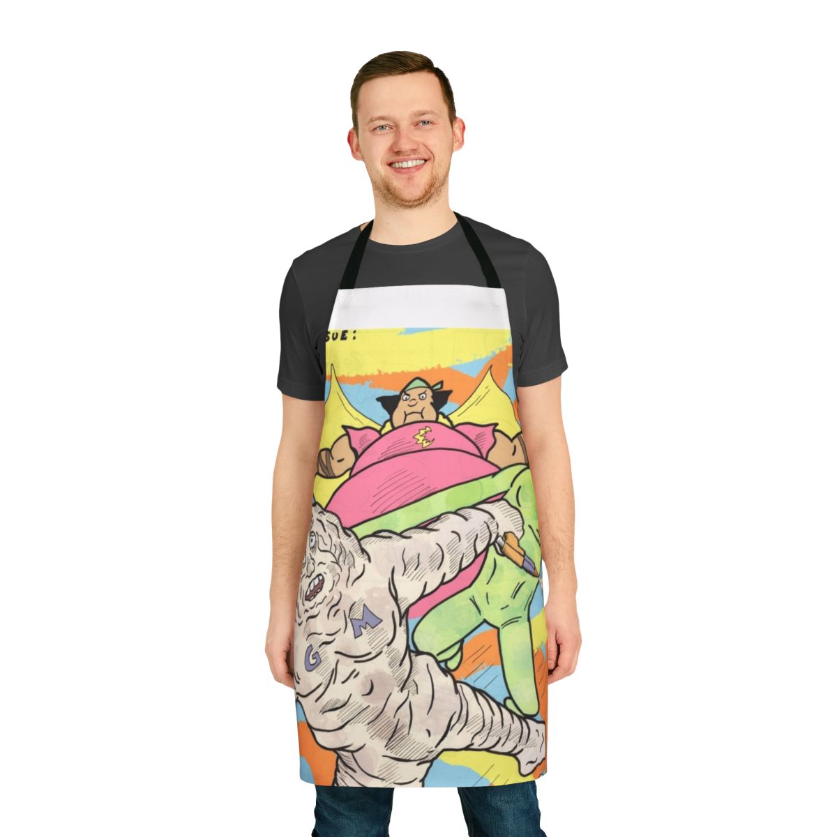 Pastel comic book style apron featuring Cloudman, Glueman, and a moon alien character illustration.