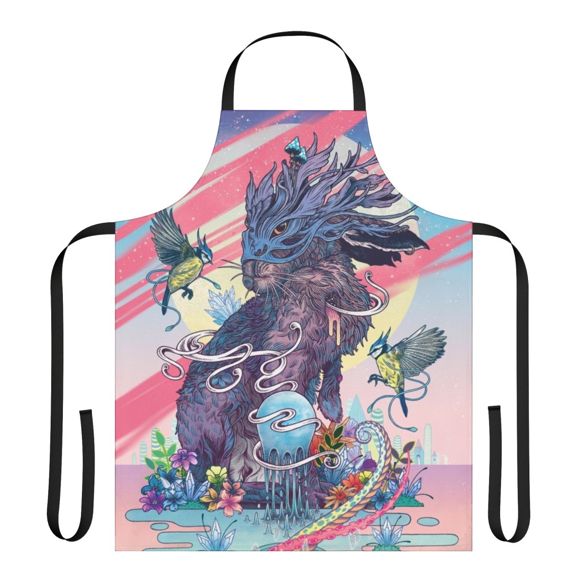 Communion apron featuring a vibrant, psychedelic-inspired jackalope design with colorful floral and tribal elements.