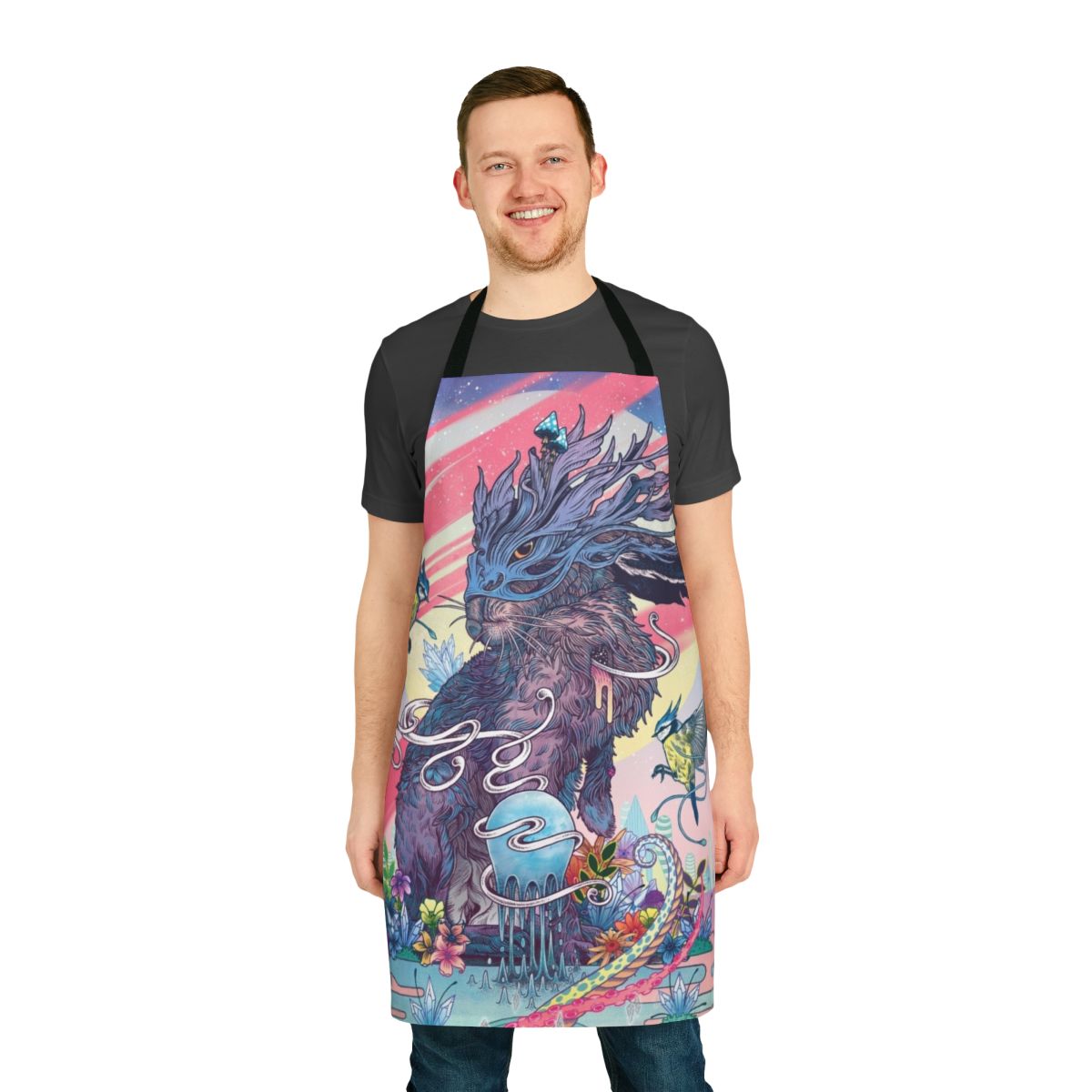 Communion apron featuring a vibrant, psychedelic-inspired jackalope design with colorful floral and tribal elements.