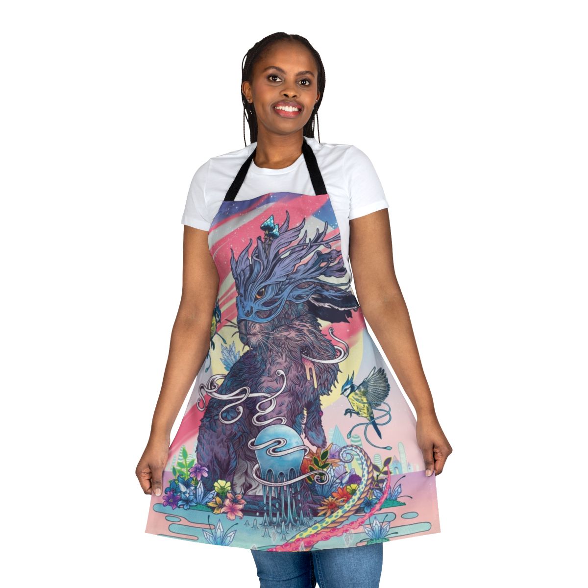 Communion apron featuring a vibrant, psychedelic-inspired jackalope design with colorful floral and tribal elements.