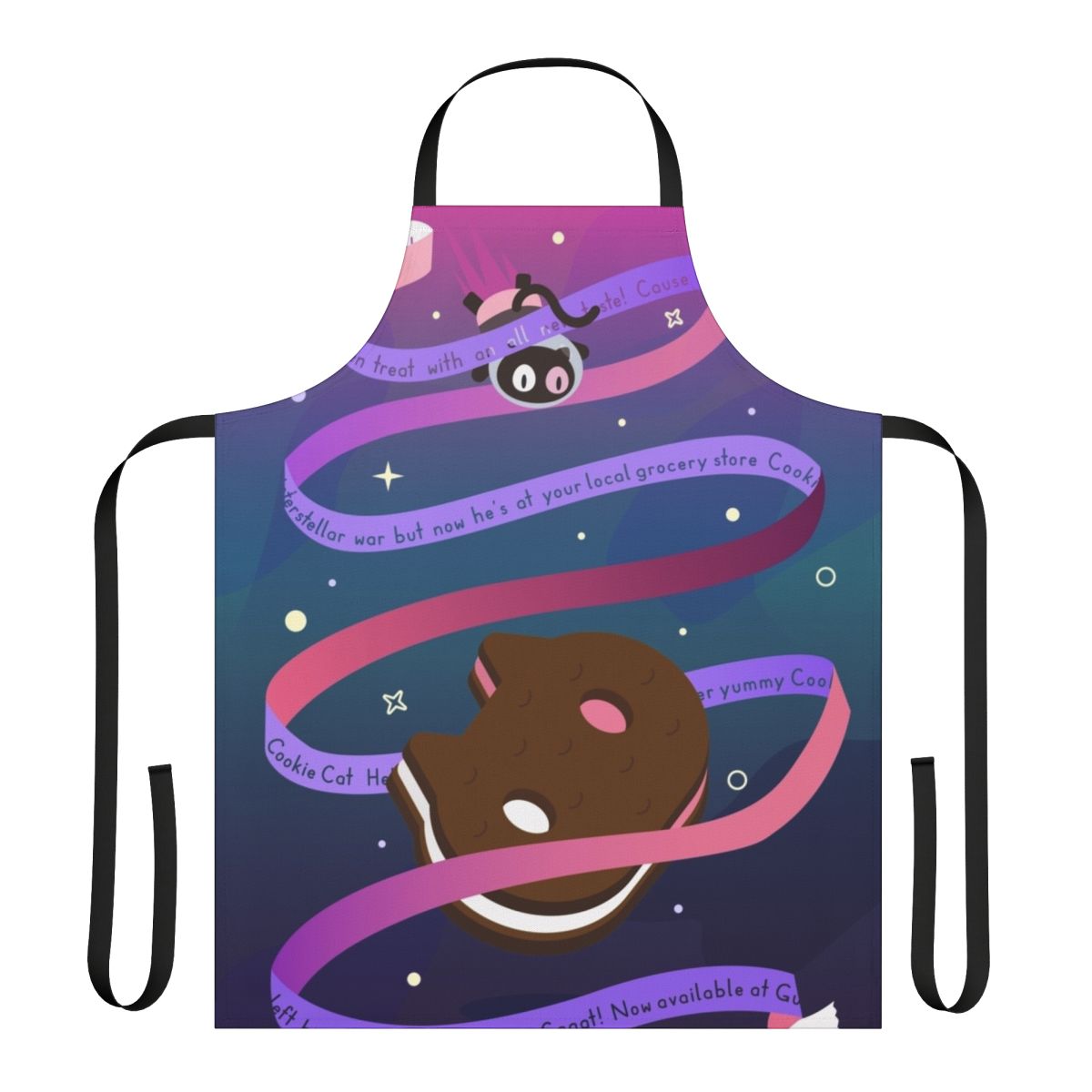 A whimsical apron featuring the character Cookie Cat from the Cartoon Network series Steven Universe.