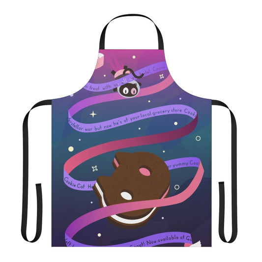 A whimsical apron featuring the character Cookie Cat from the Cartoon Network series Steven Universe.