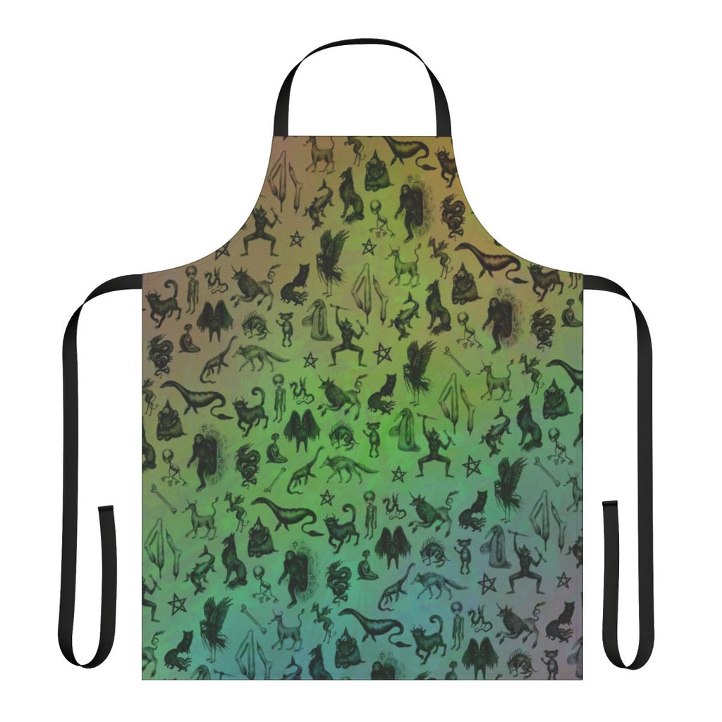 A colorful apron featuring a whimsical design of mythical cryptids and magical creatures.