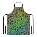 A colorful apron featuring a whimsical design of mythical cryptids and magical creatures.