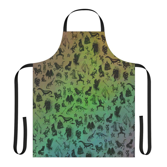 A colorful apron featuring a whimsical design of mythical cryptids and magical creatures.