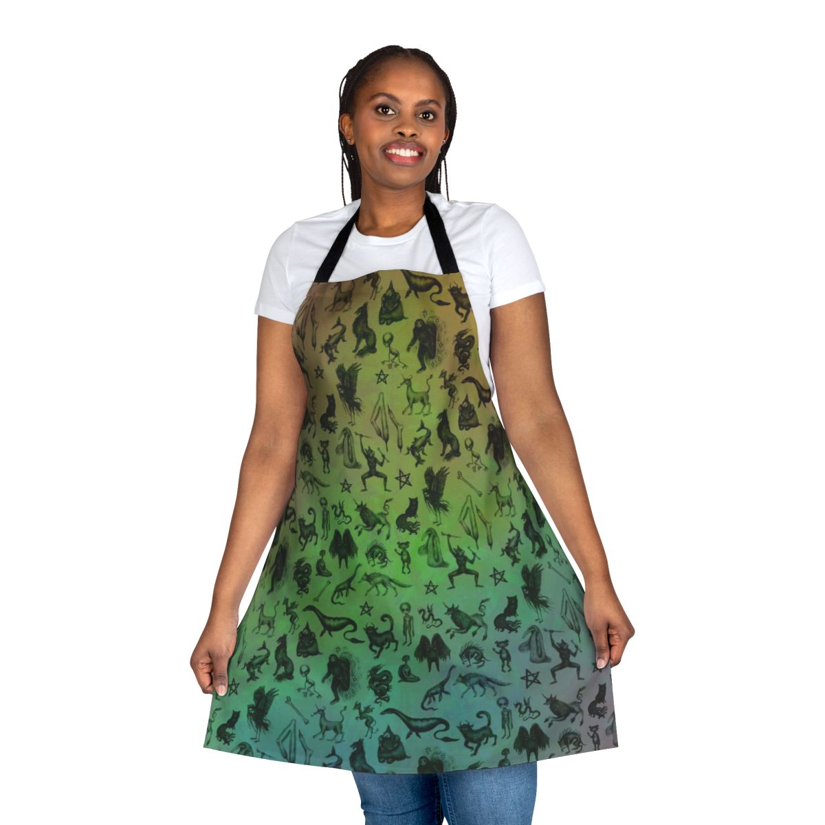 A colorful apron featuring a whimsical design of mythical cryptids and magical creatures.
