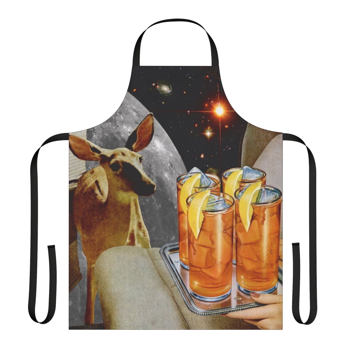 Whimsical deer and lemon digital collage printed on a high-quality apron