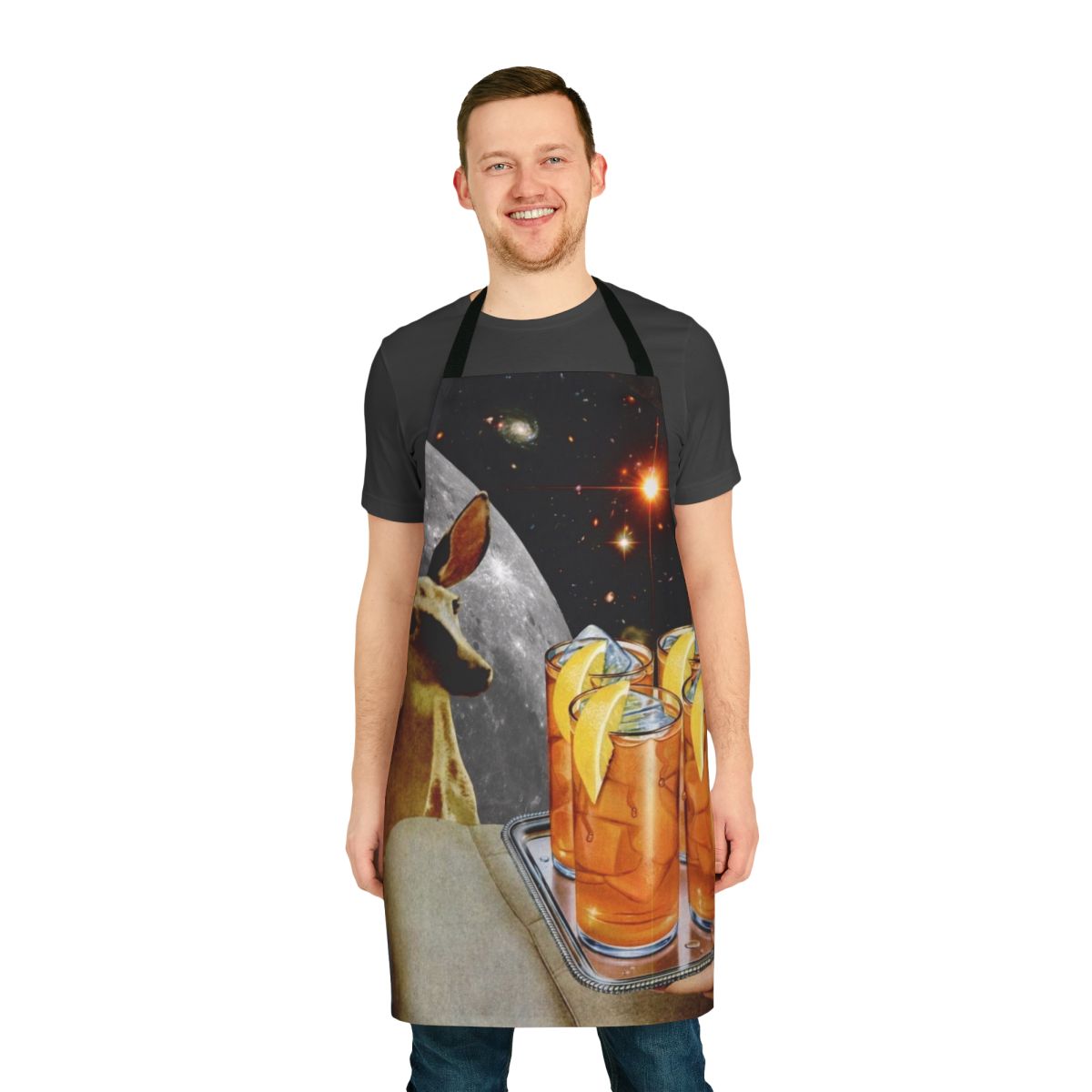 Whimsical deer and lemon digital collage printed on a high-quality apron