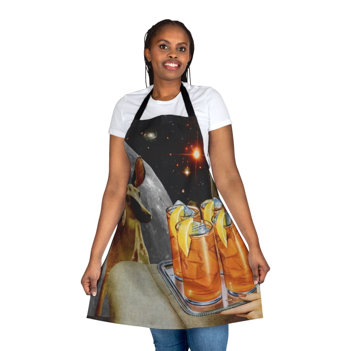 Whimsical deer and lemon digital collage printed on a high-quality apron