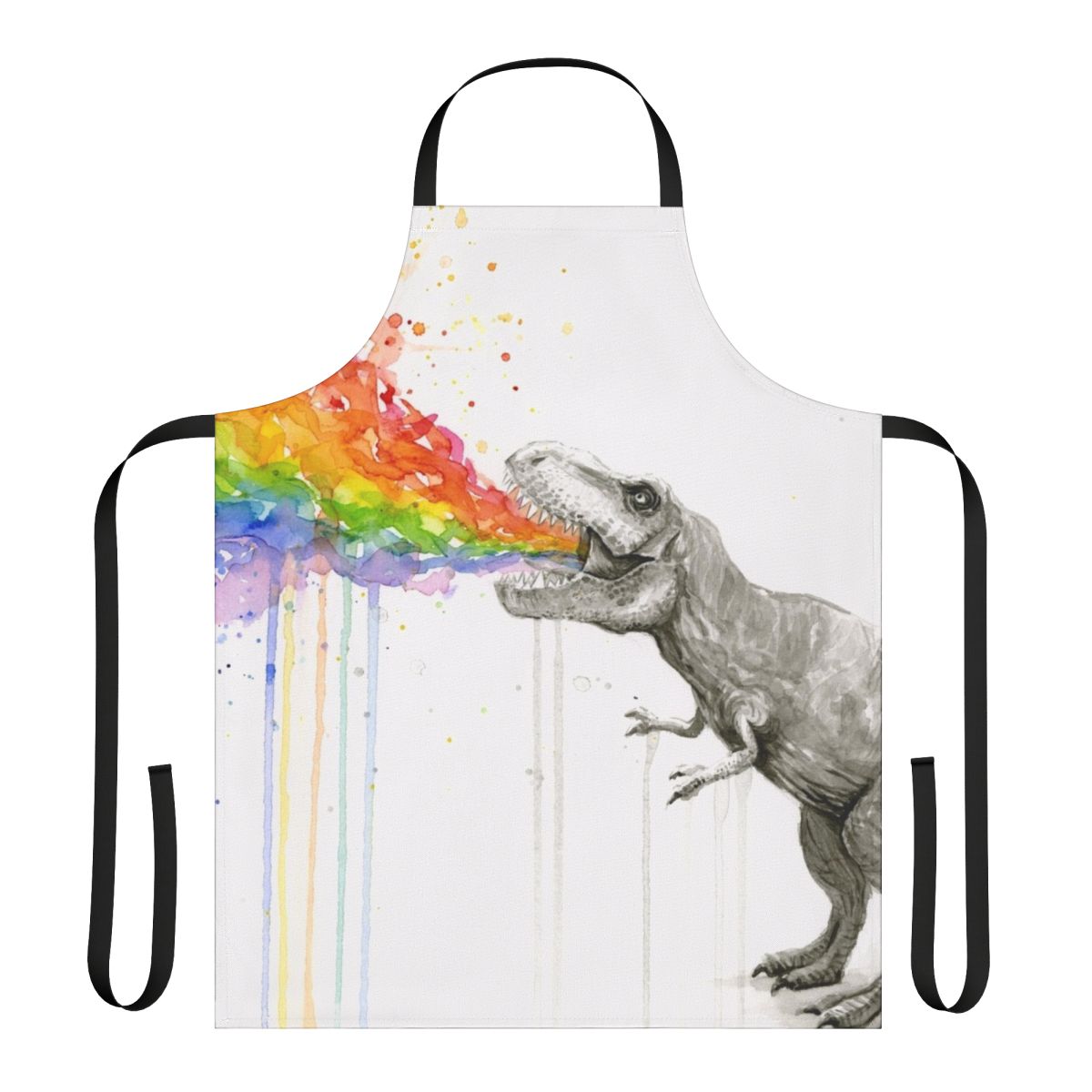 Colorful watercolor illustration of a T-Rex dinosaur vomiting a rainbow on a whimsical, funny apron