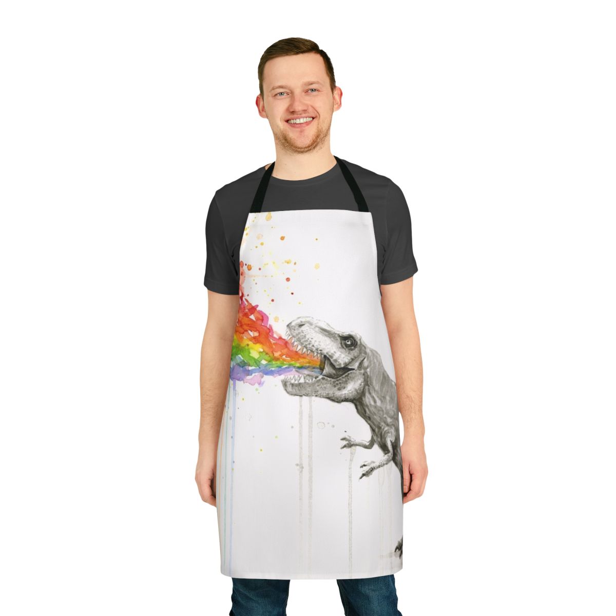 Colorful watercolor illustration of a T-Rex dinosaur vomiting a rainbow on a whimsical, funny apron