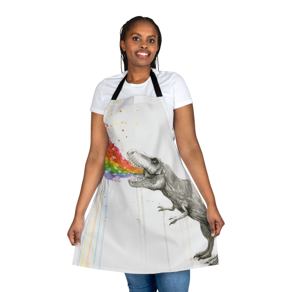 Colorful watercolor illustration of a T-Rex dinosaur vomiting a rainbow on a whimsical, funny apron