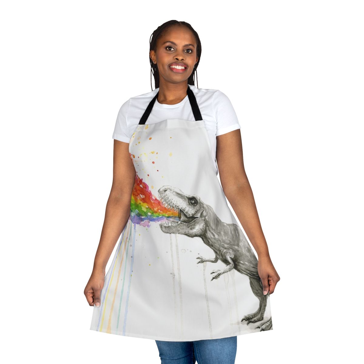 Colorful watercolor illustration of a T-Rex dinosaur vomiting a rainbow on a whimsical, funny apron