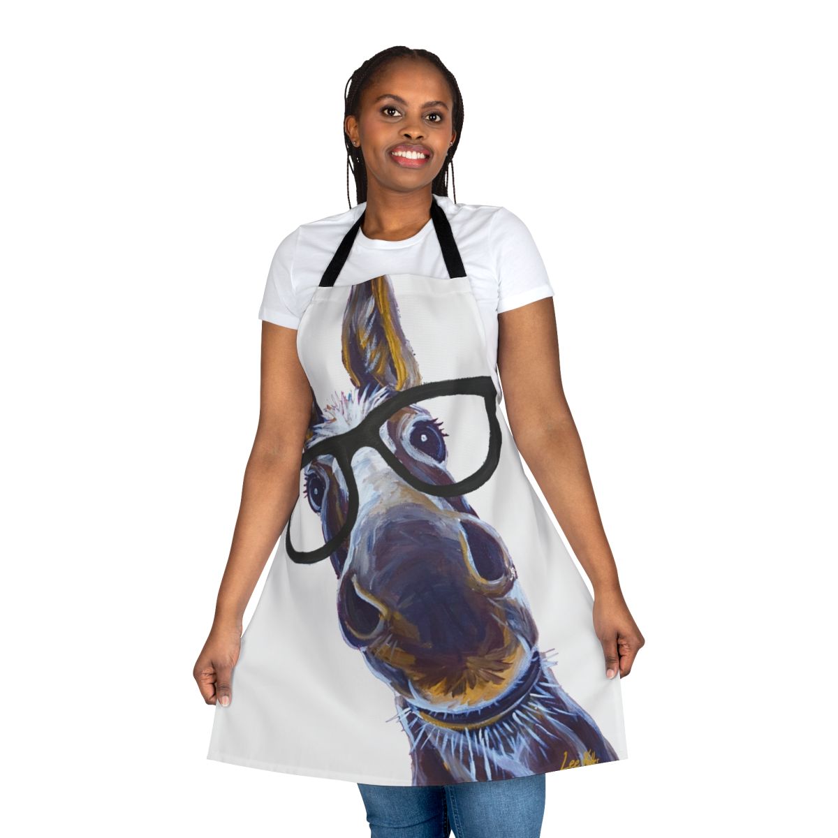 Illustration of a donkey wearing glasses on a white apron, a humorous and quirky home accessory.