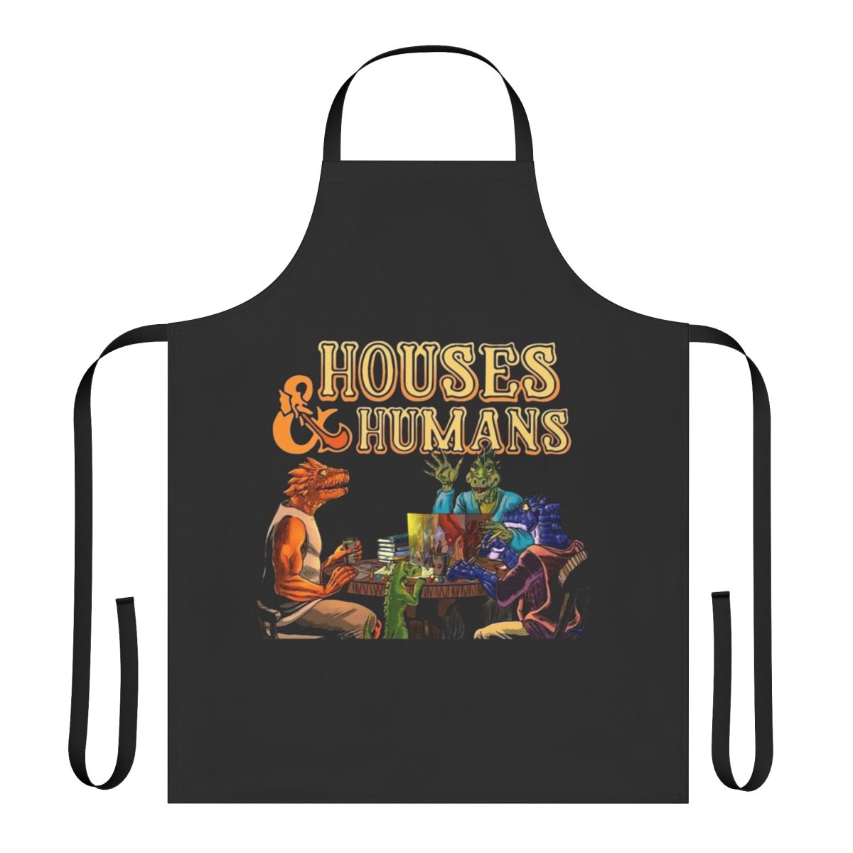 Whimsical Dungeons and Dragons Inspired Apron featuring houses, humans, and dragons in a funny design