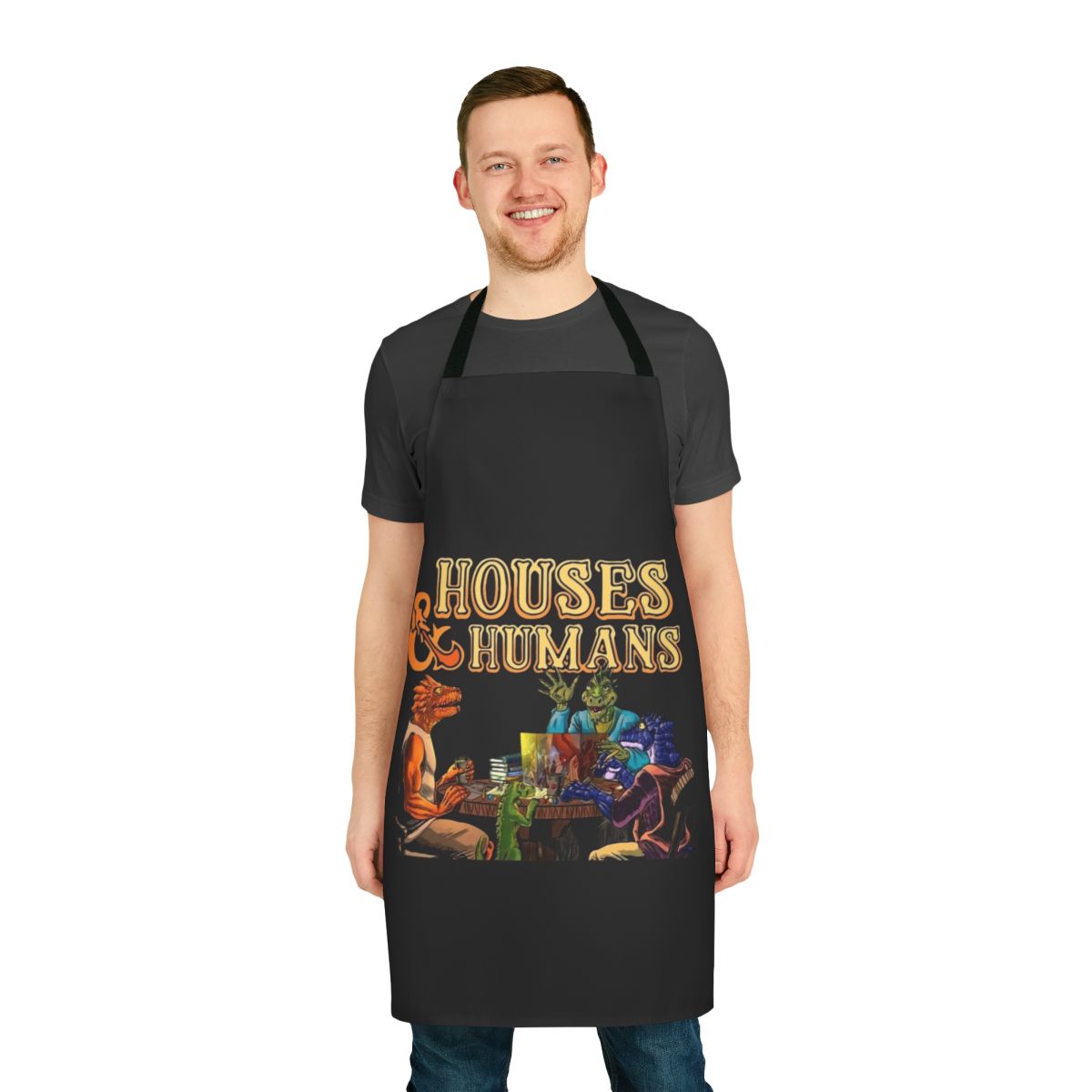 Whimsical Dungeons and Dragons Inspired Apron featuring houses, humans, and dragons in a funny design