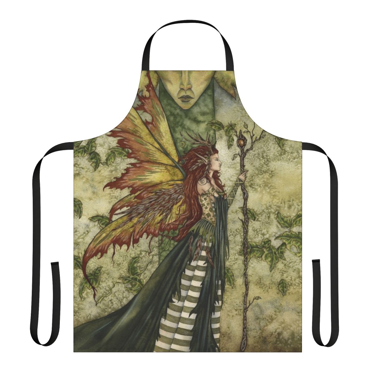 A beautiful green apron featuring a fairy design, perfect for the nature-loving homemaker.