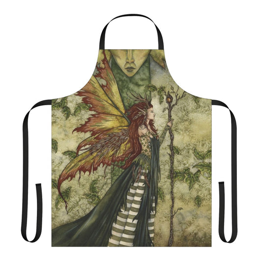 A beautiful green apron featuring a fairy design, perfect for the nature-loving homemaker.