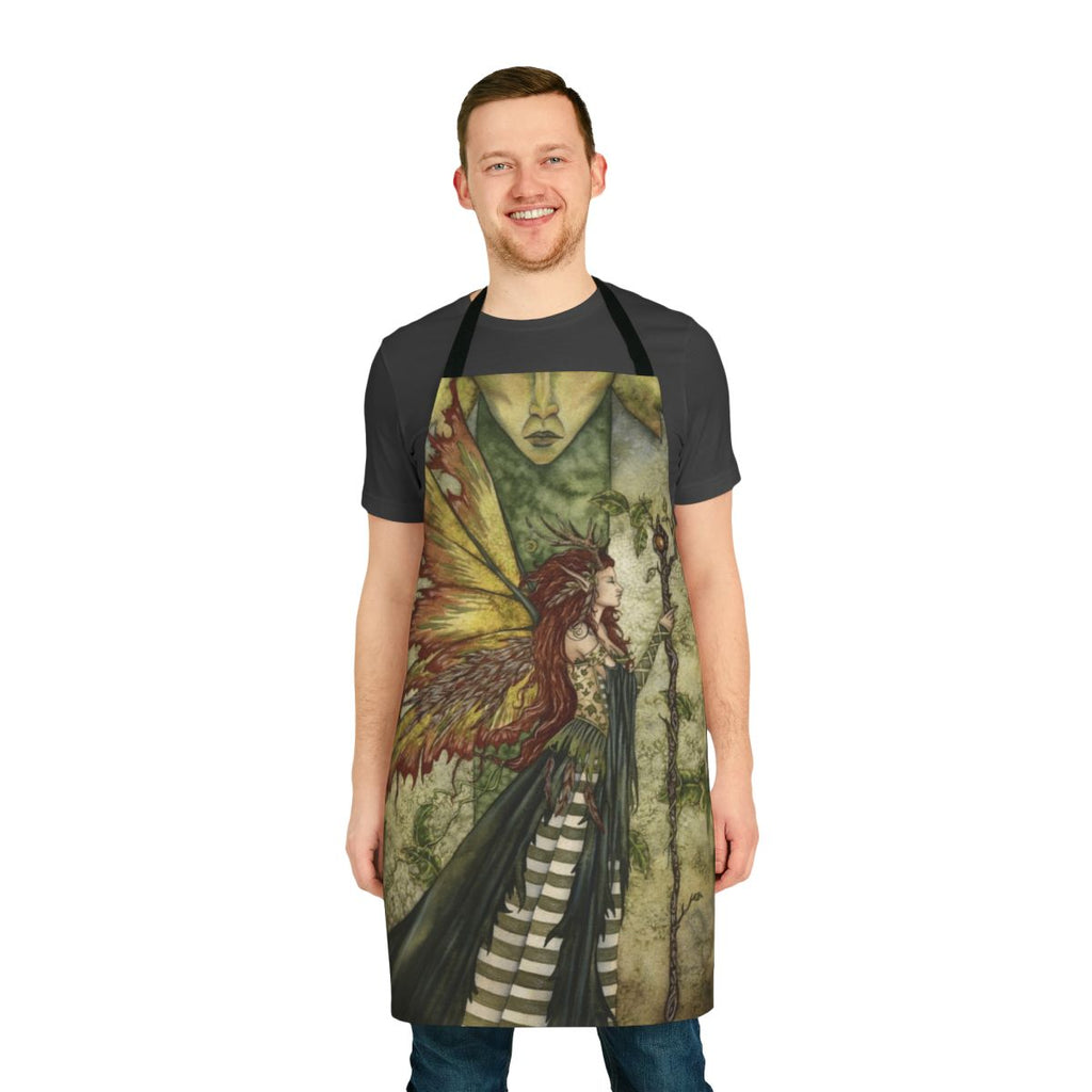 A beautiful green apron featuring a fairy design, perfect for the nature-loving homemaker.