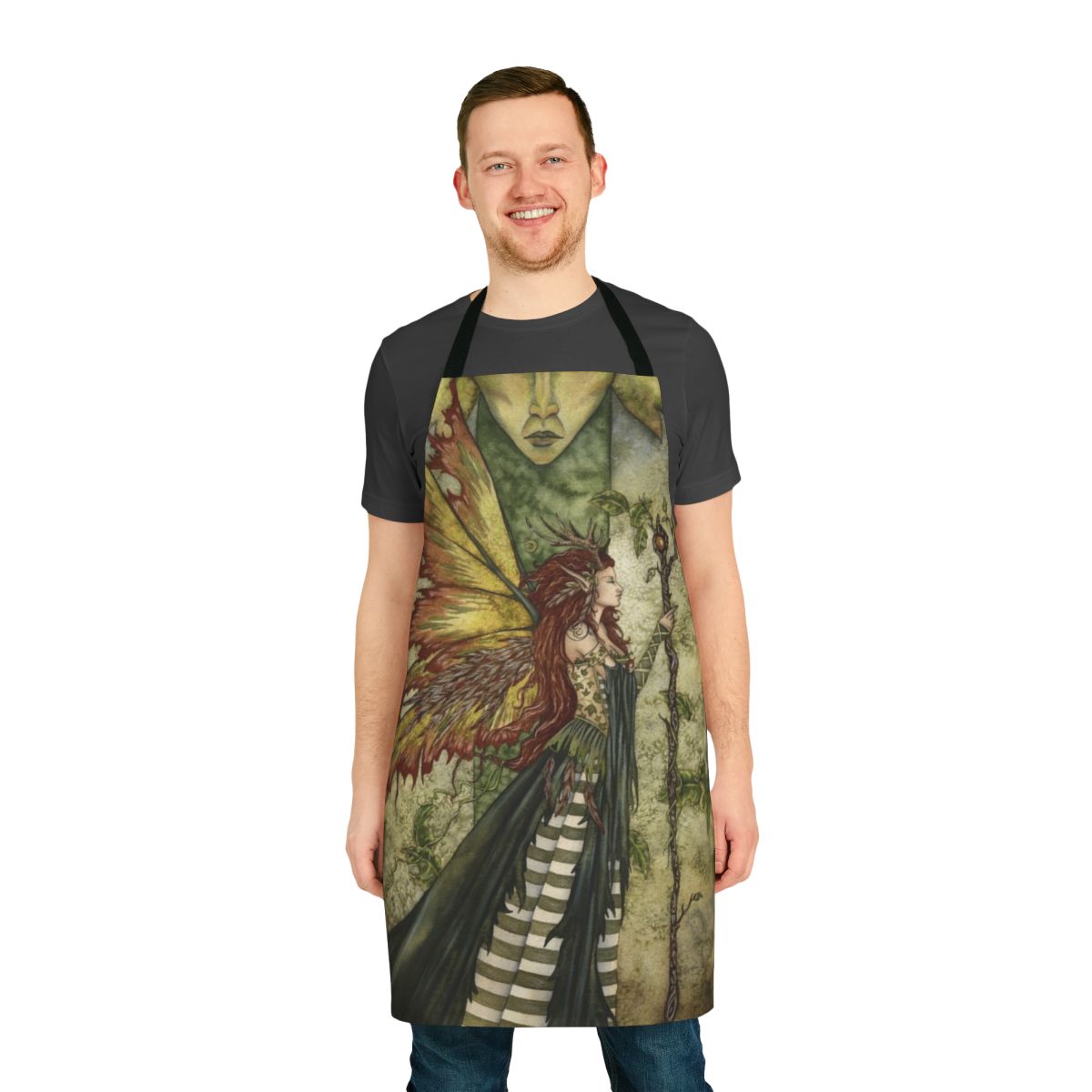 A beautiful green apron featuring a fairy design, perfect for the nature-loving homemaker.