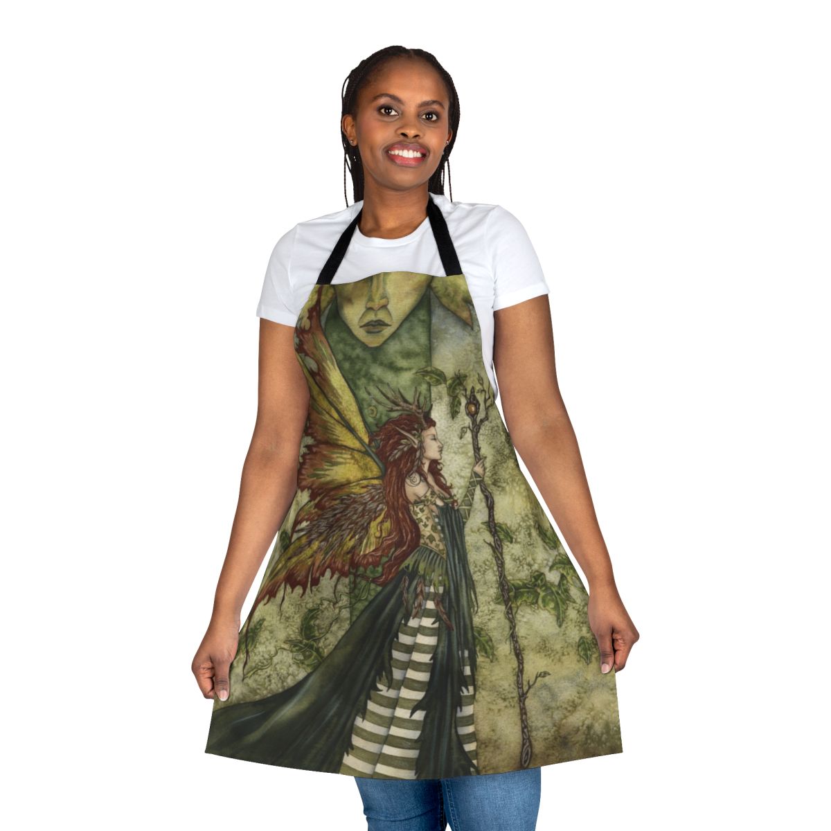 A beautiful green apron featuring a fairy design, perfect for the nature-loving homemaker.
